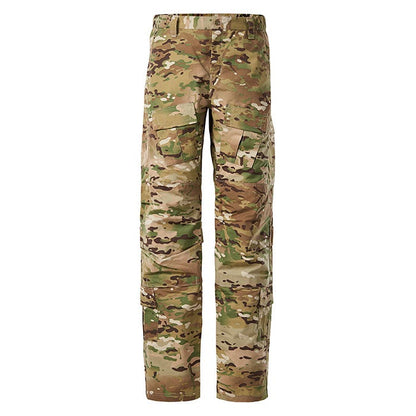 Product shot of camouflage military pants featuring multiple pockets and a tan green brown color scheme

