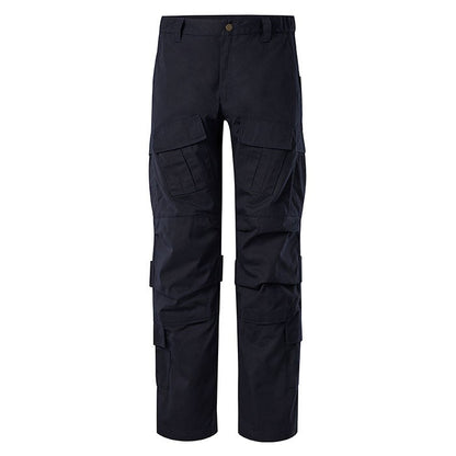 Product shot of dark navy blue tactical cargo pants featuring multiple pockets and a buttoned waist
