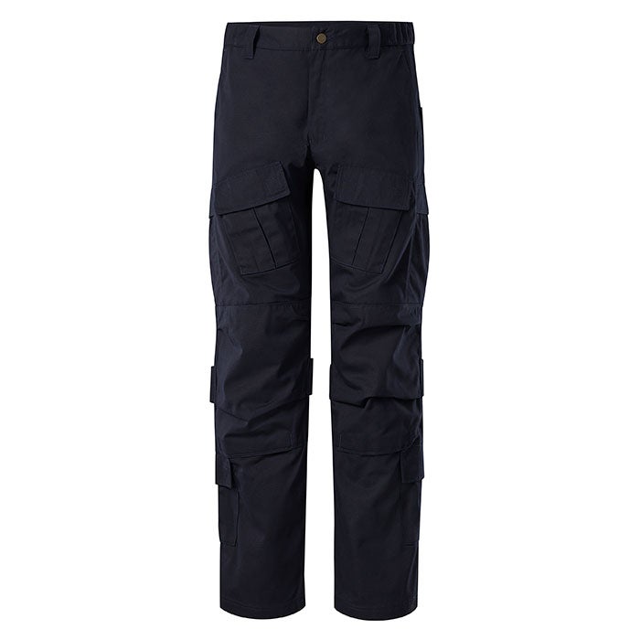 Product shot of dark navy blue tactical cargo pants featuring multiple pockets and a buttoned waist
