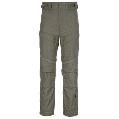 Product shot of olive green tactical pants featuring multiple pockets reinforced knees and a textured fabric
