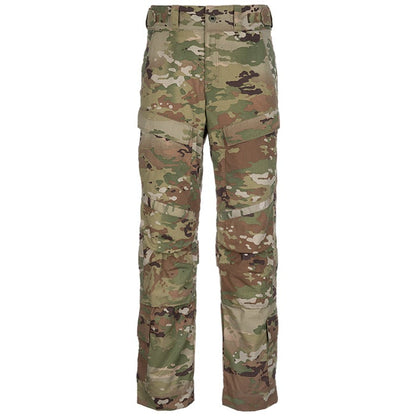 Product shot of US Army OCP camouflage combat trousers featuring multiple pockets reinforced knees and a muted green brown and tan color palette
