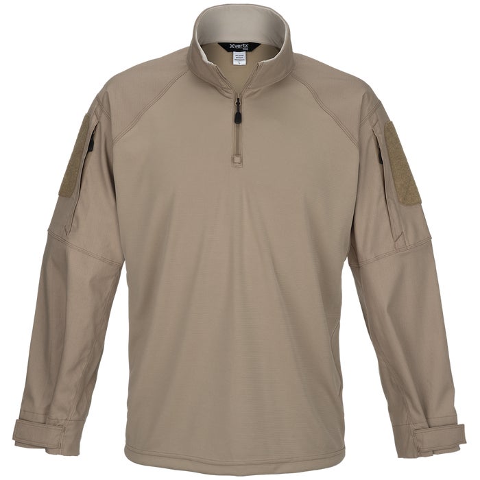 Product shot of a tan XVERTEX long-sleeve shirt featuring a half-zip closure, adjustable cuffs, and two subdued velcro patches