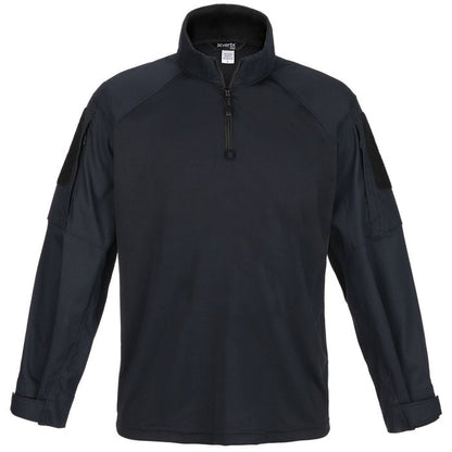 Product shot of a dark navy XVERTEX long-sleeve shirt featuring a half-zip closure, two chest pockets with Velcro, and adjustable cuffs