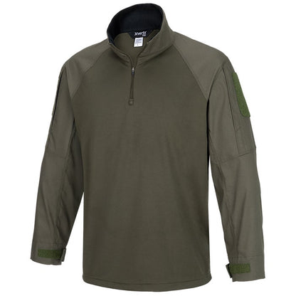 Xvert Pro olive green tactical shirt featuring a half-zip closure, reinforced elbows, and adjustable cuffs with hook and loop closures
