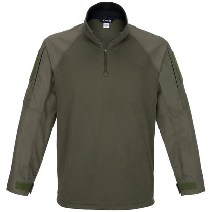Product shot of an olive-green Xvertx long-sleeve shirt featuring a half-zip closure, contrasting black collar, and adjustable sleeve cuffs
