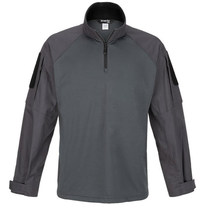 Product shot of a gray Xvertx Pro tactical shirt featuring a half-zip closure, reinforced shoulders, and black Velcro patches