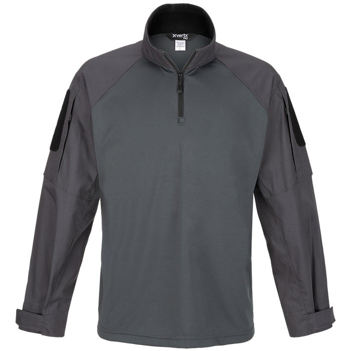 Product shot of a gray Xvertx Pro tactical shirt featuring a half-zip closure, reinforced shoulders, and black Velcro patches