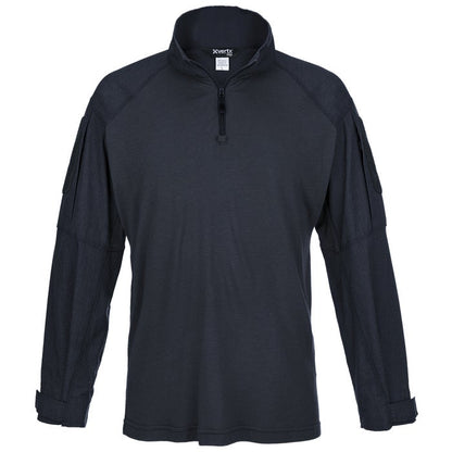 Product shot of a dark navy XVERTEX long-sleeve shirt featuring a half-zip closure, reinforced elbow patches, and two discreet pockets.
