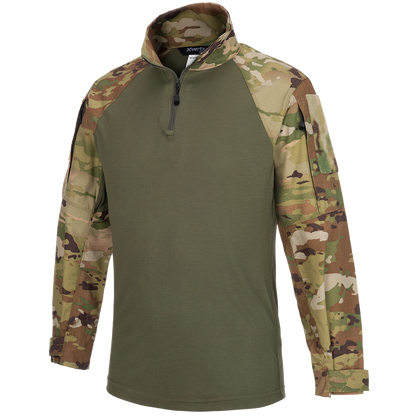 XVertx camouflage long-sleeve shirt featuring a half-zip closure, olive green body, and multi-toned sleeve patches in tan, green, and brown.

