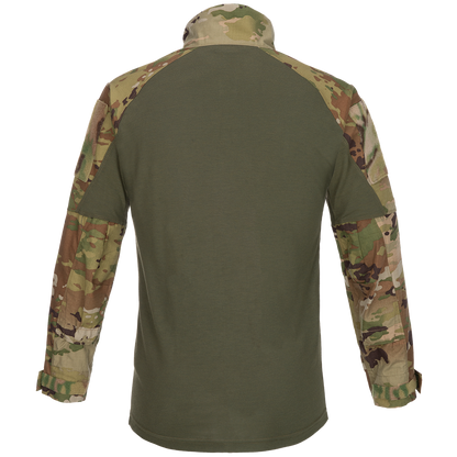 Product shot of a long-sleeved shirt in OCP camouflage featuring tan, green, and brown tones with elbow patches showcasing a military-style design