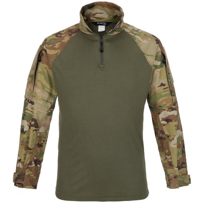 XVertx long sleeve shirt features a camouflage pattern with olive green body,  half-zip closure and  adjustable cuffs showcasing a blend of greens browns and tans
