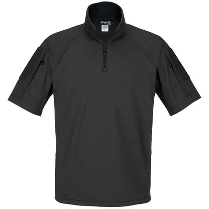 Product shot of a black XVertx Pro short sleeve tactical shirt featuring a half zip collar and two velcro-closed sleeve pockets showing subtle texture and a small logo
