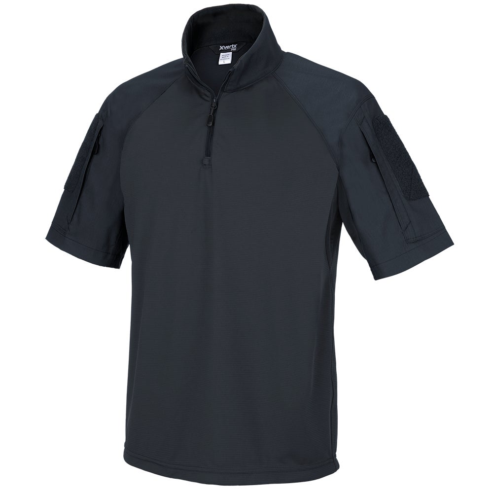 Product shot of a black Xvertx Pro short-sleeve tactical polo shirt featuring a half-zip closure, reinforced shoulders and a fleece-lined utility pocket
