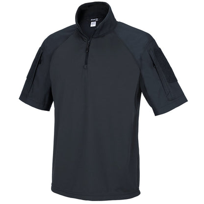 Product shot of a black Xvertx Pro short-sleeve tactical polo shirt featuring a half-zip closure, reinforced shoulders and a fleece-lined utility pocket
