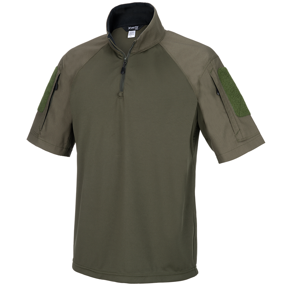 Product shot of an olive green XVertx Pro short-sleeved shirt featuring a half-zip neck, textured fabric, and dark green Velcro patches on the sleeves
