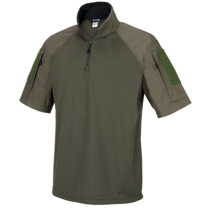 Product shot of an olive green XVertx Pro short-sleeved shirt featuring a half-zip neck, textured fabric, and dark green Velcro patches on the sleeves
