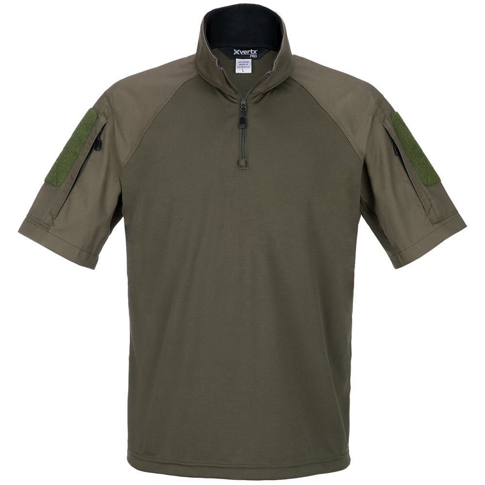 Product shot of a XVertx Pro olive green short-sleeved tactical shirt featuring a half-zip closure and two olive green velcro patches on the sleeves
