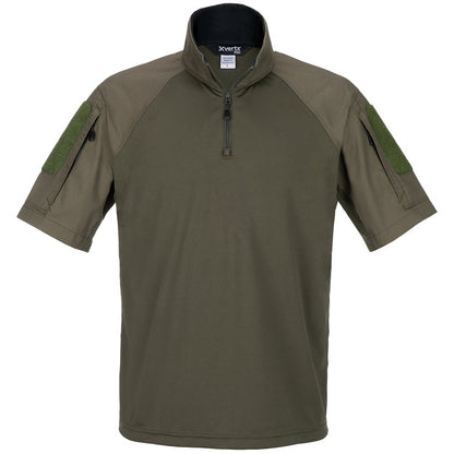 Product shot of a XVertx Pro olive green short-sleeved tactical shirt featuring a half-zip closure and two olive green velcro patches on the sleeves
