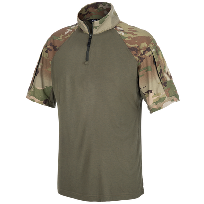 Product shot of a X8 tactical short sleeve shirt featuring a half-zip closure, camouflage sleeves, and a small pocket detail in olive green and tan tones
