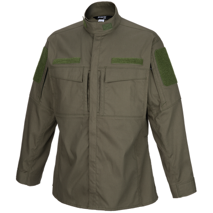 XVERTX Pro olive green tactical shirt featuring two olive green Velcro patches long sleeves and a mandarin collar
