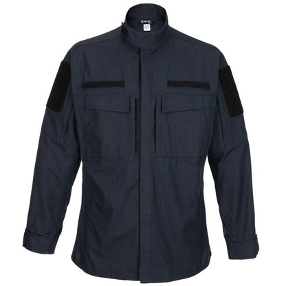 Product shot of a navy blue XVERT tactical long-sleeve shirt featuring black hook-and-loop patches and multiple pockets showcasing a durable and functional design
