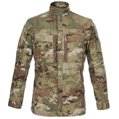 Product shot of a US Army Operational Camouflage Pattern OCP combat uniform shirt featuring a high collar multiple pockets and a detailed camouflage pattern of greens browns and tans
