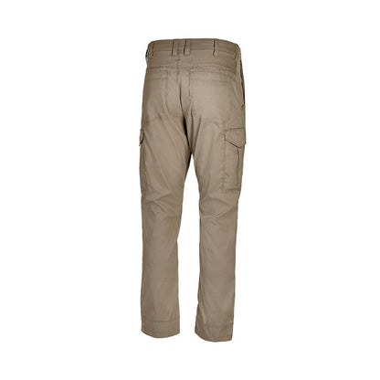 Product shot of tan cargo pants showing back view with two large cargo pockets and reinforced hems.
