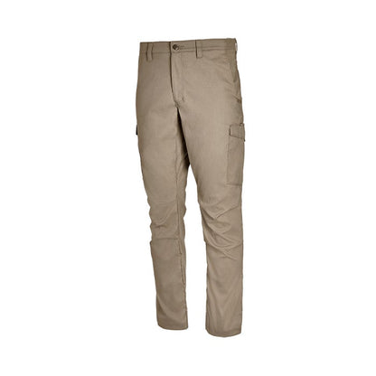 Product shot of tan cargo pants featuring a buttoned waist and two side pockets with subtle texture and creasing
