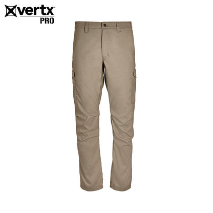 Product shot of Vertx Pro tactical pants showing beige fabric two cargo pockets and a buttoned waist.
