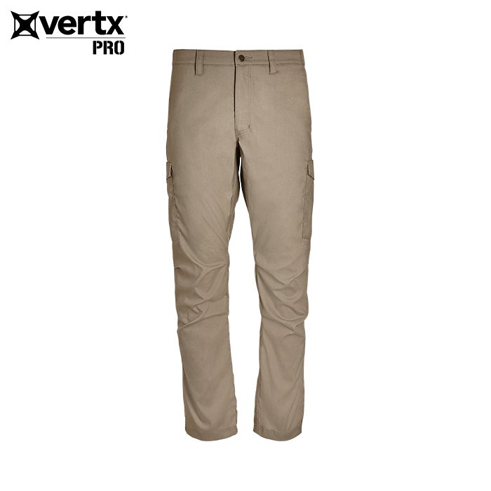 Product shot of Vertx Pro tactical pants showing beige fabric two cargo pockets and a buttoned waist.
