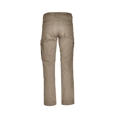 Product shot of beige cargo pants featuring a classic straight leg, two large cargo pockets, and a comfortable-looking waistband
