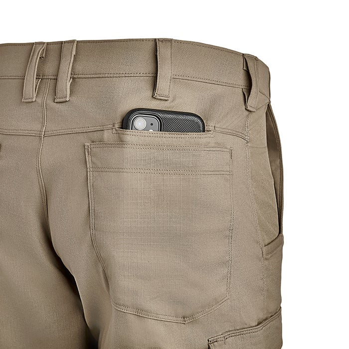 Close-up product shot of tan cargo pants with a cell phone in the back pocket showing detailed stitching and a subtle textured fabric