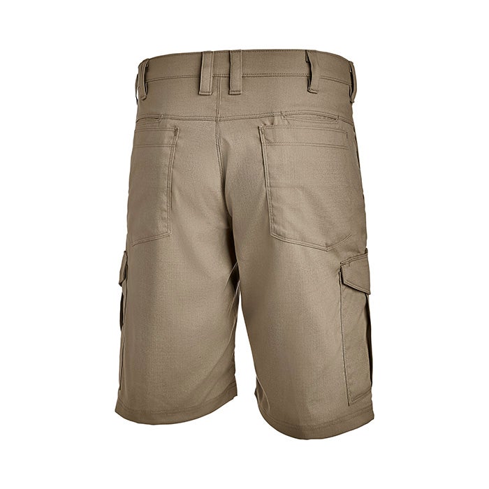 Product shot of khaki cargo shorts featuring multiple pockets a belted waistband and a durable fabric
