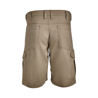 Product shot of khaki cargo shorts featuring a back view showing two back pockets and two large side cargo pockets with a reinforced waistband
