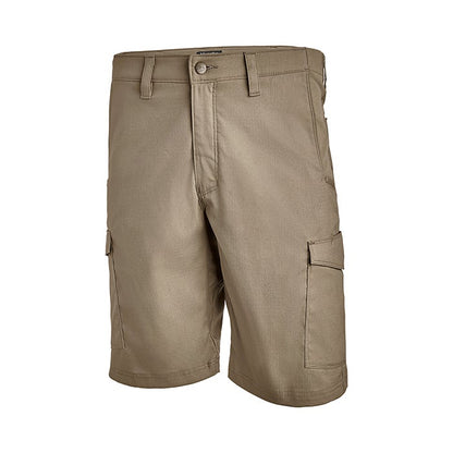 Product shot of beige cargo shorts featuring a button fly and two side pockets showcasing a durable and comfortable design