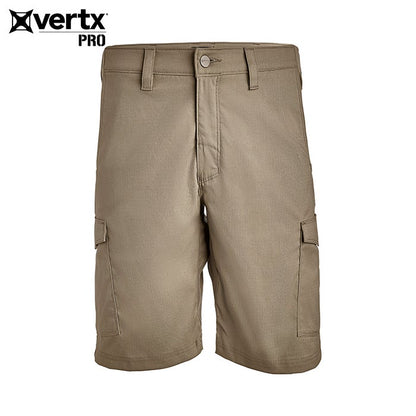Product shot of Vertx Pro tactical cargo shorts showing a khaki color a button fly and side pockets
