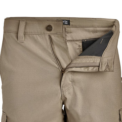 Product shot of 5.11 Tactical's  Pro Series pants showing khaki fabric, a dark gray interior pocket, and a brass-colored zipper
