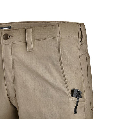 Close-up of khaki work pants featuring a utility pocket with a black folding knife subtle stitching and a reinforced waistband
