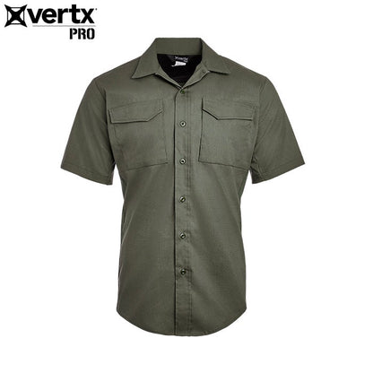 Product shot of a Vertx Pro olive green short-sleeve shirt featuring two chest pockets, a button-down front, and a slightly curved hemline
