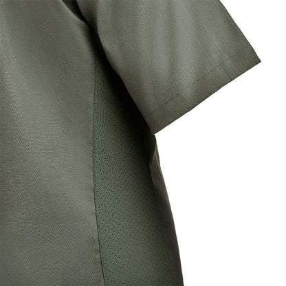 Close-up of a sage green short-sleeved shirt showcasing breathable mesh paneling and subtle stitching details

