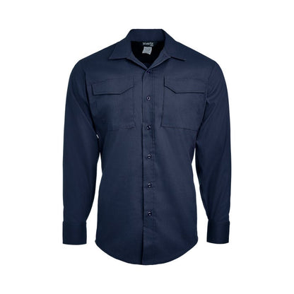 Product shot of a navy blue Xvertx long sleeve shirt featuring two chest pockets and button-down cuffs against a white background
