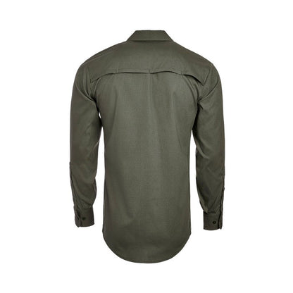 Product shot of a long-sleeved olive green shirt featuring a button-down collar and subtle textured fabric with dark buttons and a curved hemline
