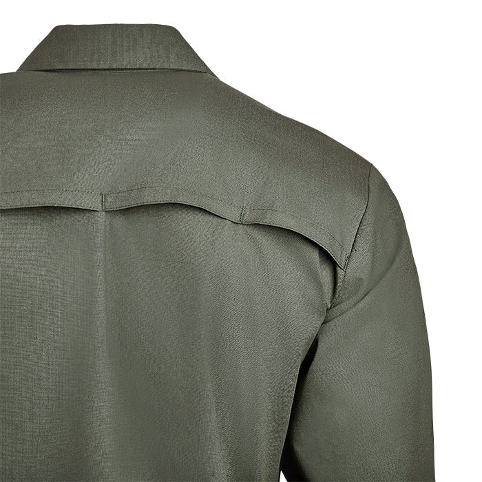 Close-up of a textured olive-green shirt back yoke showing a unique back pleat design and subtle stitching details
