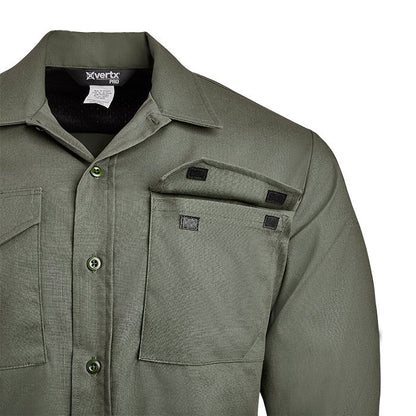 Close-up of a Vertx Pro olive green long-sleeve shirt featuring multiple pockets with black hook-and-loop closures and a textured fabric
