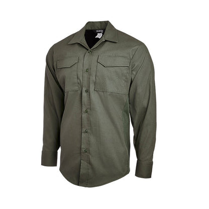Product shot of a Xerta olive green long-sleeve shirt featuring button closures, two chest pockets and breathable mesh side panels.

