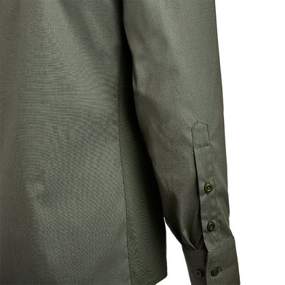 Close-up of a men's olive green long-sleeved shirt showcasing its textured fabric, buttoned cuffs, and subtly contrasting stitching along the side seam
