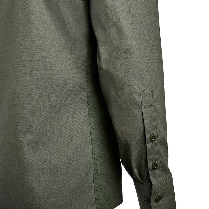 Close-up of a men's olive green long-sleeved shirt showcasing its textured fabric, buttoned cuffs, and subtly contrasting stitching along the side seam
