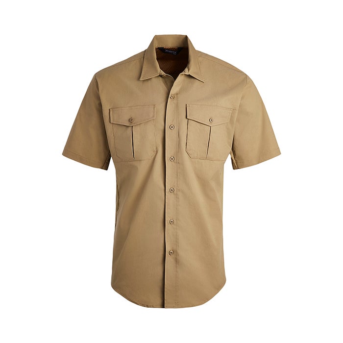 Product shot of a tan short-sleeved button-down shirt with two flap pockets and a subtle textured collar showcasing the fabric's smooth texture and khaki color against a white background
