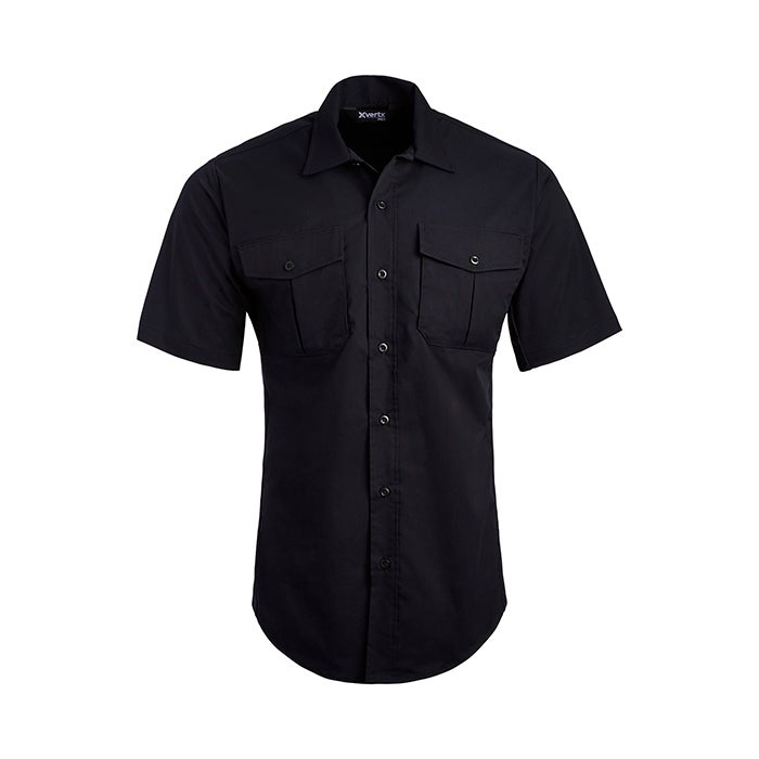Product shot of a black XVERTEX short sleeve shirt featuring two chest pockets and black buttons against a white background
