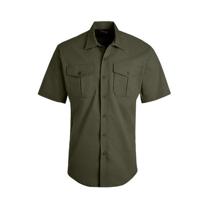 Product shot of a short-sleeved olive green work shirt featuring two flap pockets and buttoned cuffs against a white background
